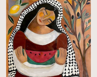 Free Palestine Painting - Hand Embellished Print - Please read description -  Woman wearing keffiyeh - watermelon resistance