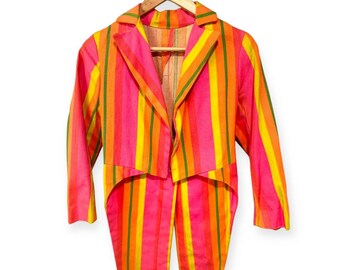 60s Handmade Neon Bright Striped Waistcoat jacket with tails - Size: XS