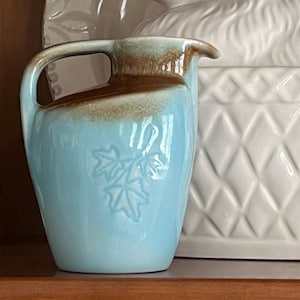 May include: A light blue ceramic pitcher with a brown rim and handle. The pitcher has a leaf design and a spout for pouring. A white decorative platter and a white rabbit-shaped dish are in the background.