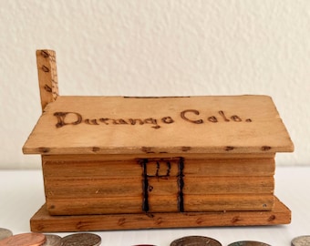 Vintage Handmade Wooden Log Cabin Bank - Wood Burned: Phyllis June 14 1938 and Durango Colo