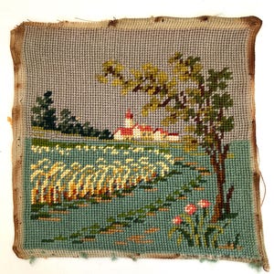 Vintage Needlepoint - Country Scene with a Church - 9-1/2&quot; x 9-1/2&quot; - Ready To Frame - Antique Needlepoint - Vintage Wall Decor