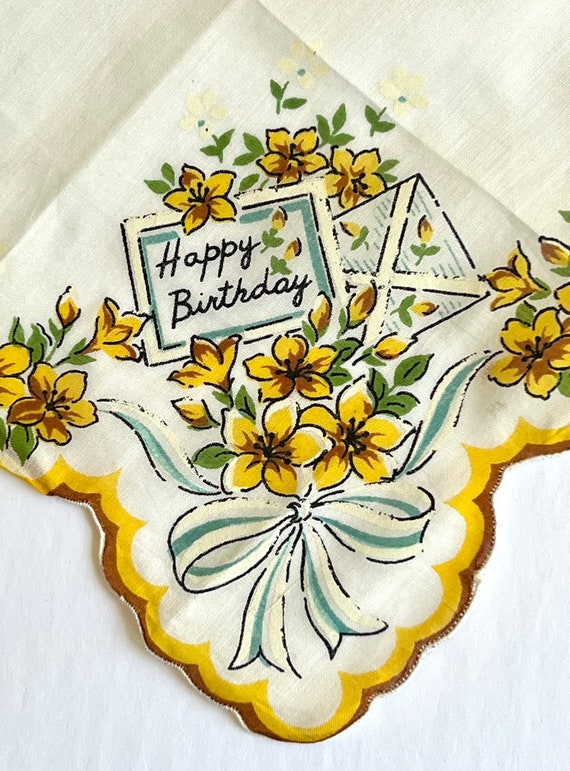 Vintage Happy Birthday Hanky - Hand Painted - 13" 