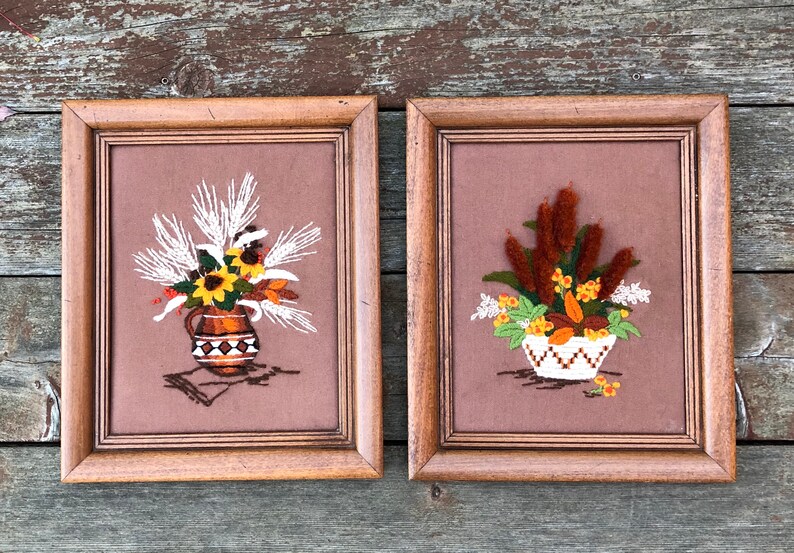 Crewel Boho Pictures Housewarming Gift Set of 2 Finished Framed Boho Decor Coil Basket Jug with Cattails Sunflowers Wheat