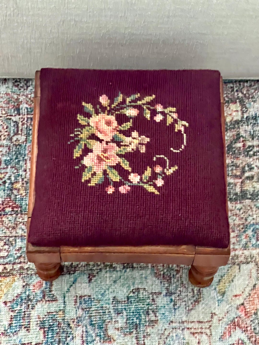 Vintage Floral Needlepoint Stool - 8" Tall X 10" Wide X 10" Deep ...