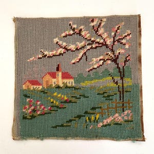 Vintage Needlepoint - Country Scene - House and Shed - 9&quot; x 9-1/4&quot; - Ready to Frame - Antique Needlepoint - Vintage Wall Decor