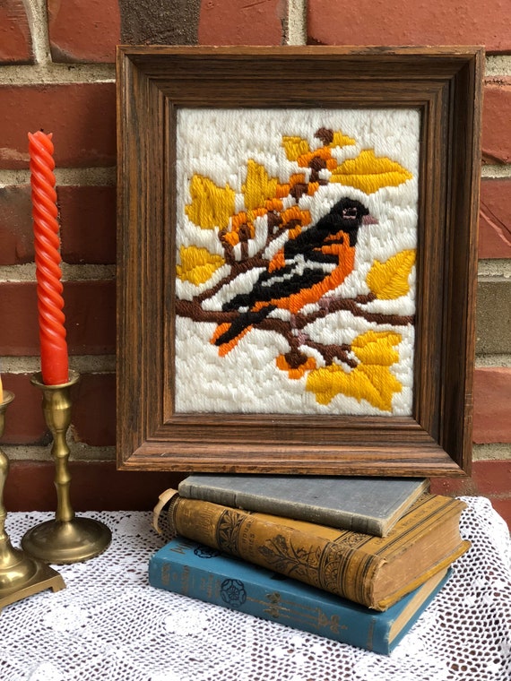 Vintage Crewel Oriole Needlepoint Finished Framed Bird Image 0