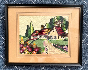 Vintage Crewel - Cottage and Flowers - Vintage Needlework - 14-3/4" x 11-3/4" - Black and Gold Frame - Vintage Wall Decor