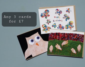 Any 3 cards for 7 pounds- Illustrated card bundle-  Mix and match cards- Blank for own message- Colourful collage art- Note card set