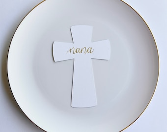 Cross place cards custom christening place cards for religious baptism