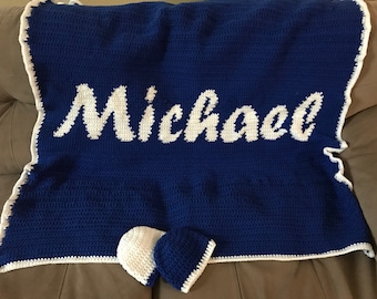 Customized Handmade Crocheted Name Blanket with matching hats