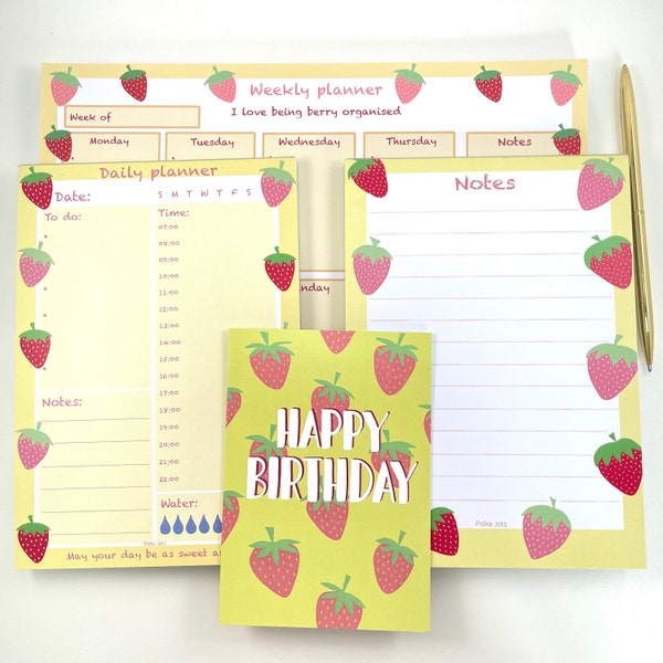 Notepad Bundle, Stationery Gift Set, Strawberry Fruit Design Notepads, A4 Weekly Planner, A5 Daily Planner, A5 Notepad, A6 Card, Gold Pen