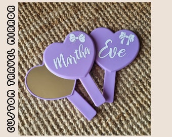 Custom Travel Mirror | personalised name gift coquette bow mini small cute cosmetics accessory make up bag heart handheld mirror bridesmaid