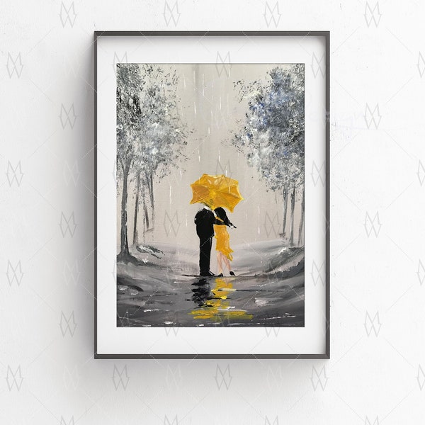 Mustard print of acrylic painting Mustard Rain, Mustard wall art, Couple wall art, artist print, Umbrella painting, yellow umbrella print