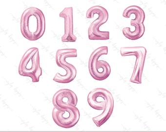 pink foil balloon numbers clip art, birthday party balloon numbers digital download PNG foil number balloons for invite number one