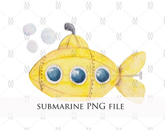 watercolour submarine clip art, digital watercolor clipart, yellow submarine  illustration clip art  png,