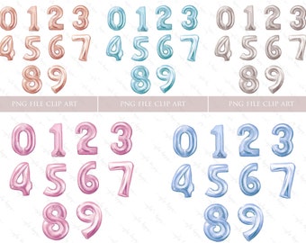 age number foil balloon clip art, birthday party balloon numbers digital download PNG foil number balloons for invite number one, pink, blue