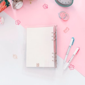 May include: A clear plastic binder with a white paper insert. The binder has six rings and a small logo that says "Nai Lyn". The binder is on a pink surface with a few pink paper clips and a blue pen.