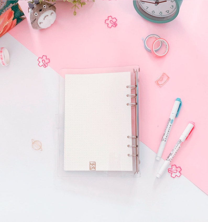 May include: A clear plastic binder with a white paper insert. The binder has six rings and a small logo that says "Nai Lyn". The binder is on a pink surface with a few pink paper clips and a blue pen.