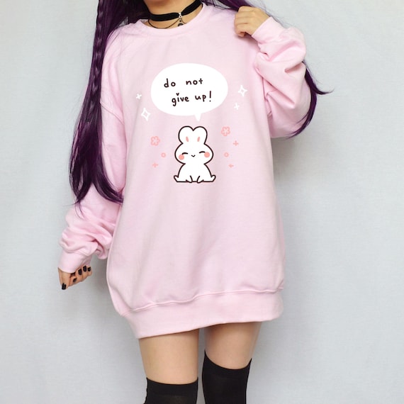 Kawaii Bunny Sweatshirt – Cozy Unisex Crewneck, Cute Bunny Pullover, Size Up for Oversized Look, Soft Cotton/Poly, Cute Gift