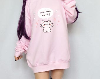 Kawaii Katzen Sweatshirt “You Can Do It” - Süßer motivierender Pullover, kuscheliger Unisex Rundhalsausschnitt, größere Größe für übergroßen Look, süßes Geschenk für Sie