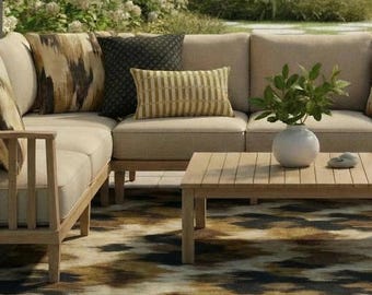 Ikat Style Area Rug, Neutral Brown Black Patio washable indoor/outdoor Rug, Designer Look Rug for Balcony Deck Beach House Outdoor Dining