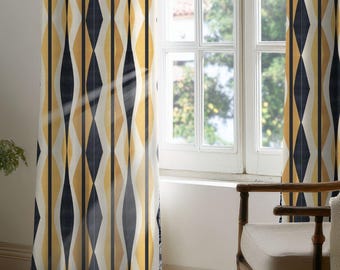 Navy & Butter Yellow Geometric Curtains, Light Blocking Window Panels, Mid Century Modern Drapes, Set of 2, Retro Gold and Navy Decor