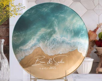 Custom Coastal Ocean Wave Plate – Personalized Wedding Gift, Beach House Decor, Anniversary Keepsake, Custom Name Plate
