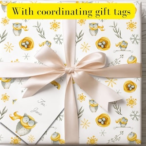 Holiday gift wrap owl winter themed wildlife wrapping paper with gift tags Christmas gift wrap cute owl wrapping paper Christmas unique