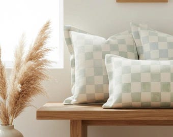 Luxe Checkerboard Outdoor Indoor Pillow, Square or Lumbar Accent Cushion, Throw Pillow, Soft Pink Patio Pillow, Cottage Style Decor