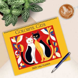 2025 -2026 academic year cat wall calendar Matisse style art annual calendar for cat lovers colorful cats organizer wall art gift exchange