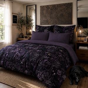Parure de lit Gothic Raven, couette ou housse de couette Dark Academia, linge de lit violet, décoration de chambre/d'étudiant à l'ambiance feutrée, mélange Microluxe - Réversible
