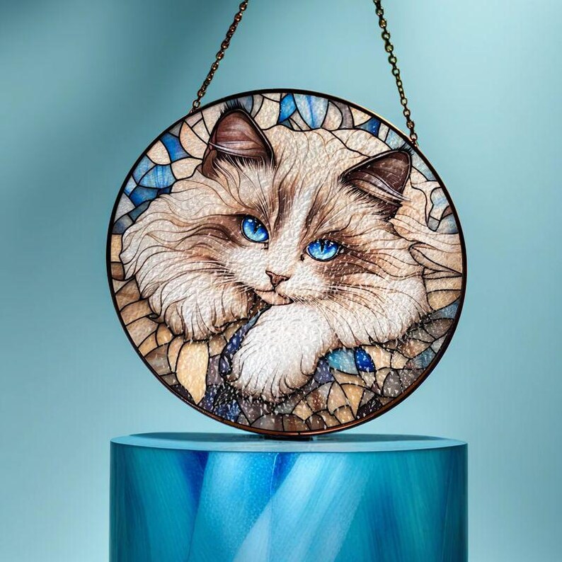 Ragdoll cat suncatcher cat mom unique home decor cat stained glass style acrylic window ornament fluffy cat cute breed seal bicolor ragdoll Cir7.8in