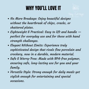 May include: Text on a light blue background reads "WHY YOU'LL LOVE IT" and lists features of Tiny Cottage Kitchen products. The text highlights durability, lightweight design, and versatile style for everyday and special occasions.
