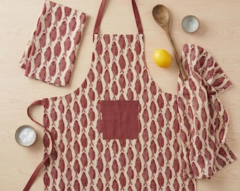 Coastal Apron and Towel Set, Red Fish Kitchen Linen Gift, Mediterranean Style Hostess Present, Summer Housewarming Decor