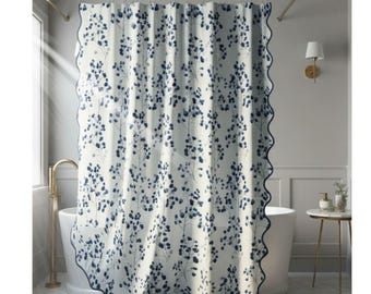 Navy Long Floral Shower Curtain with Scalloped Edge, Bathroom Curtain, Blue &White Botanical, Designer Piping Trim, Elegant Bath Decor