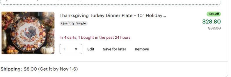 May include: Thanksgiving Turkey Dinner Plate, 10-inch diameter. The plate features a central turkey design with a decorative border of fall leaves and pumpkins. The plate is a single item and is part of a holiday collection.