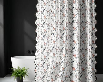 Scalloped Bird Shower Curtain, Standard or Extra Long 90” Floral Branch Bathroom Curtain, Cottage Core Black Piping Shower Decor