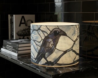 Blue Raven Stained Glass Style Linen Lampshade, Replacement Shade for Table Lamps or Floor Lamps, Moody Botanical Bird Lamp Shade