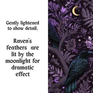 May include: A digital illustration featuring two black ravens perched within a dense forest of purple foliage and branches under a crescent moon. The text reads: Gently lightened to show detail. Raven's feathers are lit by the moonlight for dramatic effect.