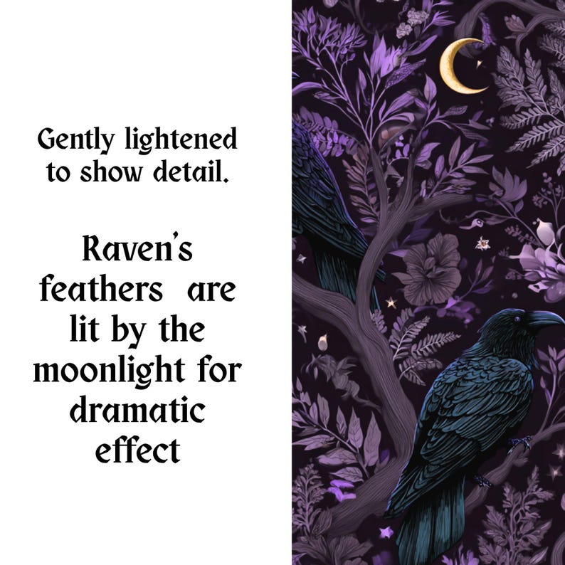 May include: A digital illustration featuring two black ravens perched within a dense forest of purple foliage and branches under a crescent moon. The text reads: Gently lightened to show detail. Raven's feathers are lit by the moonlight for dramatic effect.