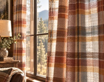 Plaid Curtain Panels Preppy style Semi Sheer Poly Linen, Lake House Cabin Window Treatment, Farmhouse Lodge Decor, Rod Pocket or Rod Loop