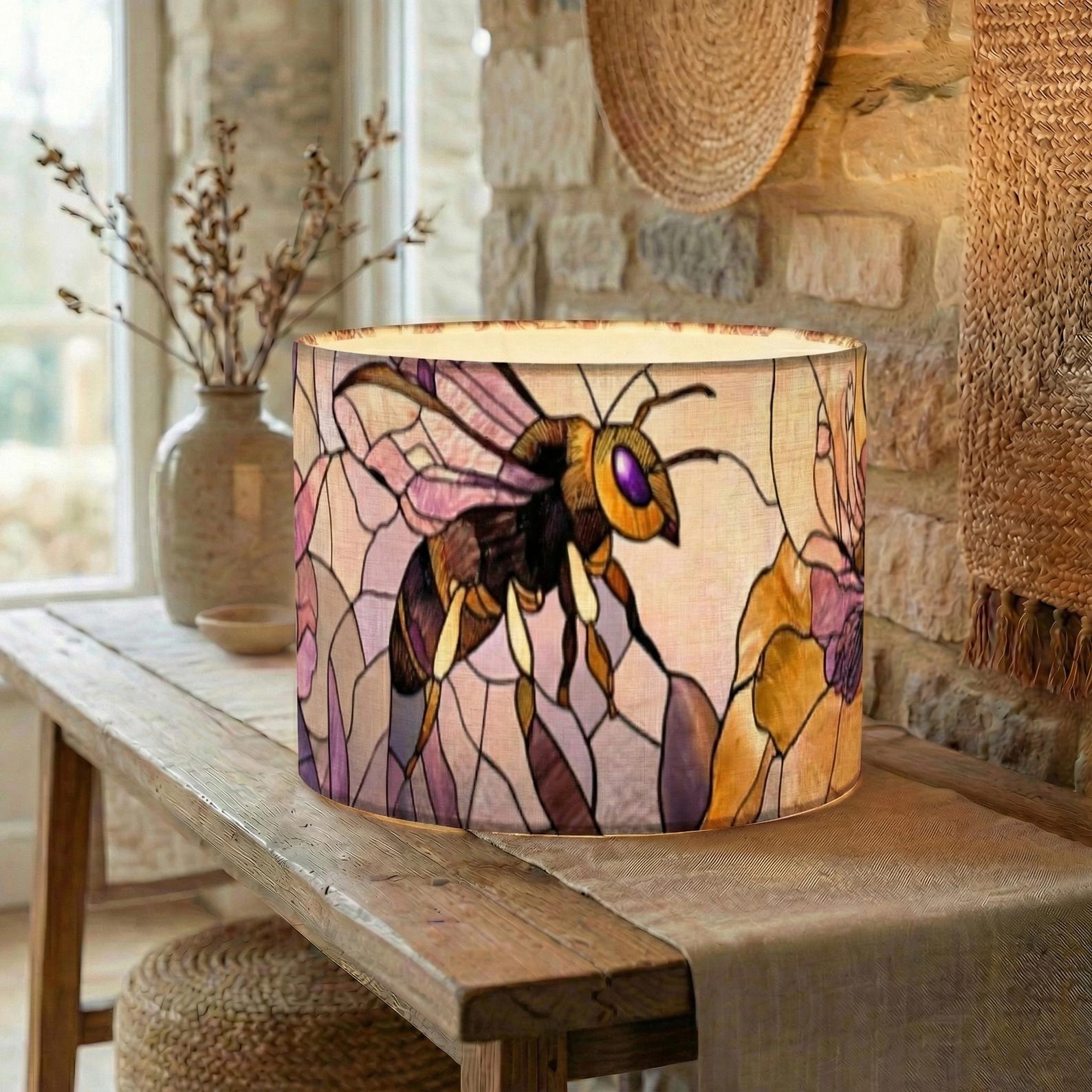 Stained Glass Bee Lampshade Replacement | Modern Cottage Lighting | Botanical Garden Art Lamp | Nature Lover Gift | Floral Home Décor