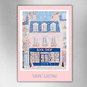 Paquete de 10 tarjetas navideñas de estilo librero: abalorios de librería, set de tarjetas navideñas rosas, papelería festiva, regalos literarios, adorable paquete de tarjetas navideñas.
