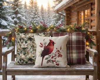 Christmas Cottage Winter outdoor pillow collection | Cardinal, burgundy plaid and  floral cushions for Outdoor Holiday Decor Mix & Match