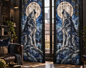 Wolf Moon Stained Glass Curtain Panels, Semi Sheer Lodge Decor, Cabin Man Cave Game Room Curtains, fantasy lover decor