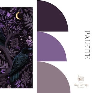 May include: A color palette display featuring a vertical rectangular panel with a dark purple botanical pattern, a black raven, and a crescent moon. To the right, three semi-circular swatches in shades of deep purple, lavender, and mauve. Text reads PALETTE.