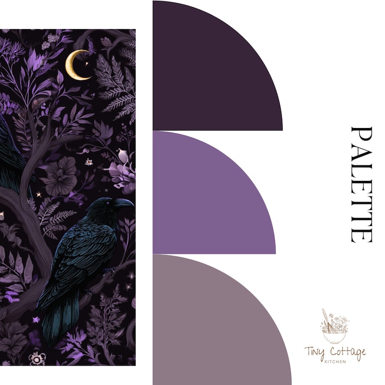 May include: A color palette display featuring a vertical rectangular panel with a dark purple botanical pattern, a black raven, and a crescent moon. To the right, three semi-circular swatches in shades of deep purple, lavender, and mauve. Text reads PALETTE.