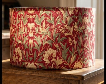 William Morris Red Floral Lampshade |Drum Botanical Lamp Shade | Cottagecore Table lamp shade or  Standing Floor Lighting