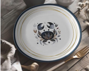 May include: White ceramic plate with a blue rim and gold accents. The plate features a crab design with crescent moon details and floral elements. A gold fork and wooden table are in the background.
