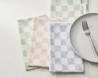 Check Napkin Set of 4, 18 Inch Cloth Napkins, Choice of Sage, Blush or Aegean Blue, Modern Polyester Dinner Napkins, Everyday Table Linens